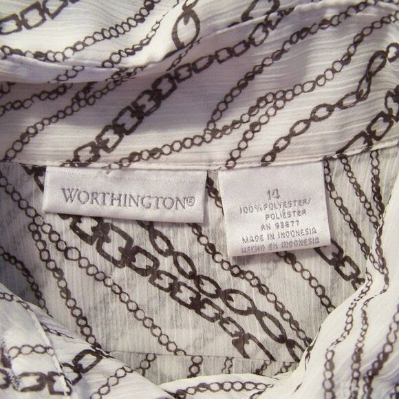 Worthington Shirt Top Womens Sz 14 Sheer Chain Print Ruffled Button Up Crinkled - Picture 8 of 9